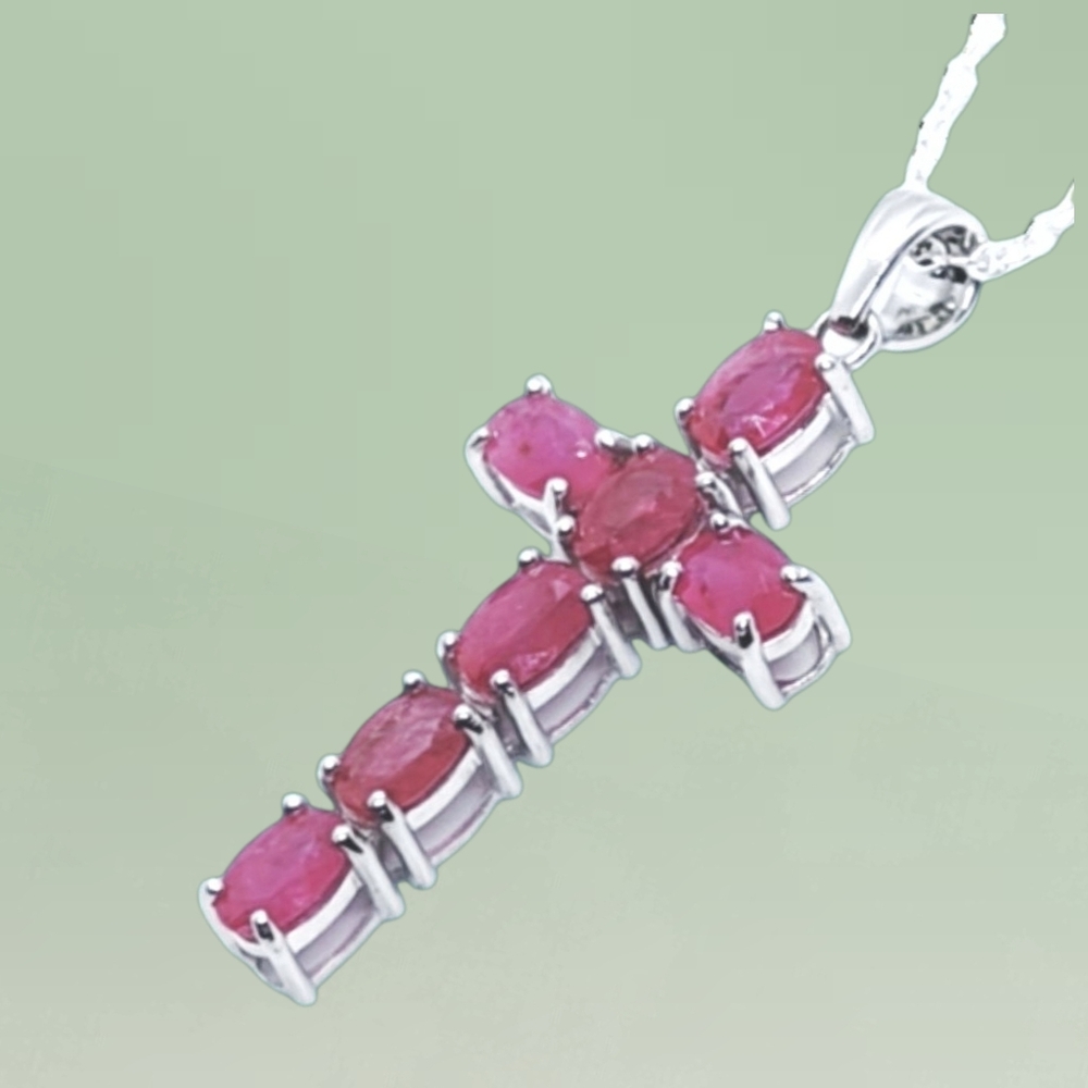 Sterling Silver Lab Grown Pink Sapphire Cross Pendant Necklace. NWOT - Picture 3 of 7